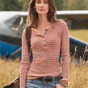 Women's Peach Plaid Henley Long-Sleeve Top